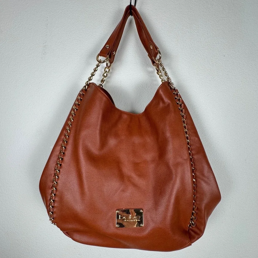 Bebe Colette Triple Entry Hobo Cognac Brown Shoulder Bag Chain Whlpstitch Slouch